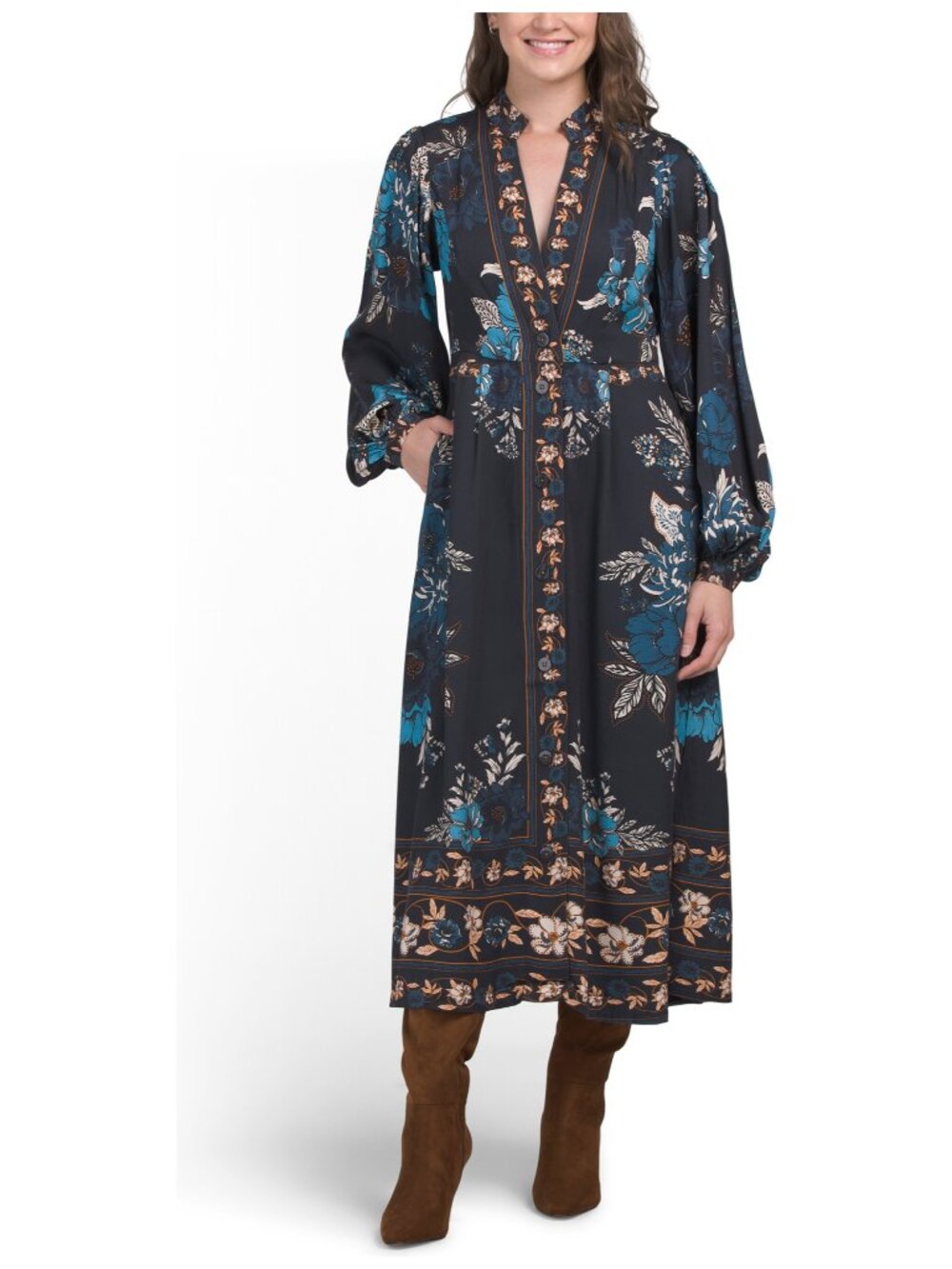 Caroline Constas Navy Floral Button Front Midi Dress Balloon Sleeve Pockets